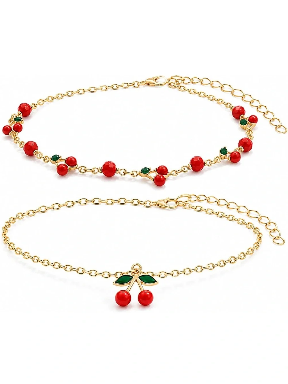 Anthropologie Gold-Tone Cherry Bracelet Set with Red and Green Accents